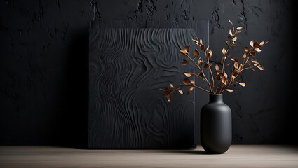 Elegant Black Still Life with Textured Panel and Golden Leaves Aesthetic Interior Design