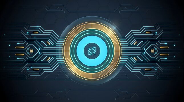 Futuristic teal tech core with circular interface lines for high tech lunar year digital emblem