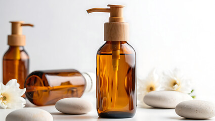 Elegant Spa Product Presentation with Amber Glass Bottles White Stones and Delicate Flowers for Wellness and Beauty