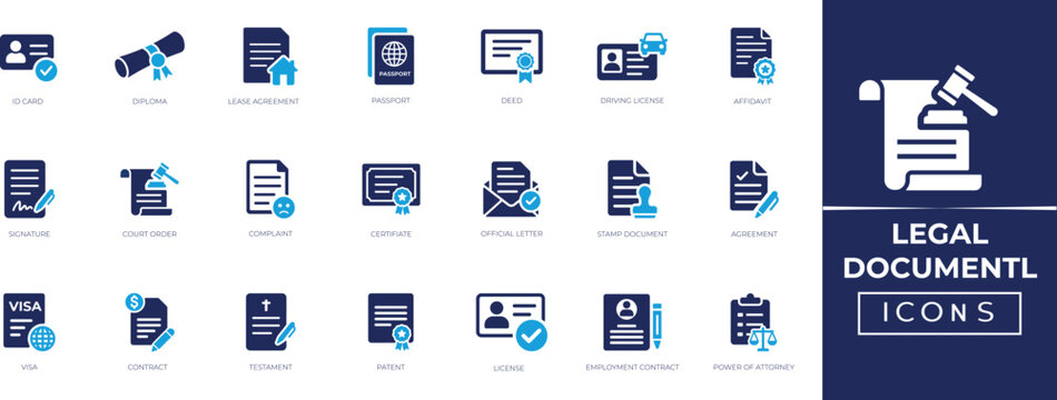 Legal document solid icon set for contracts, agreement, certificate, diploma, compliance, paperwork, business documentation, and legal workflow ui.