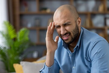 Young man experiencing intense headache, migraine, or stress, holding his head while grimacing,...