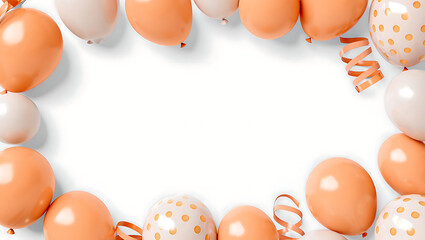 Festive frame of peach and white balloons with ribbons creating a happy birthday or celebration background design on white
