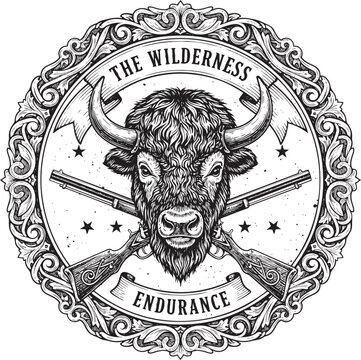 Vintage illustration of bison head with crossed rifles in ornate circular frame symbolizing wilderness endurance