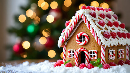 Festive Gingerbread House with Candy Canes and Raspberries Against Bokeh Christmas Tree Lights Background Sweet Holiday Treat