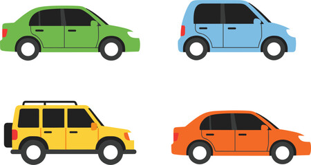 Set of flat vector car icons featuring colorful sedan, hatchback, and SUV vehicle models in side view for transportation and automotive design projects.