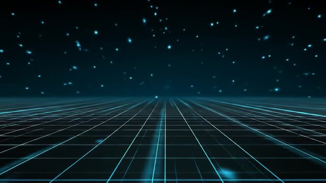 Abstract digital grid surface with glowing particles in dark space