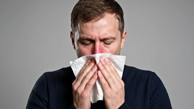 Sick man sneezing into a white tissue. Caucasian male with a red nose suffering from cold or flu symptoms. Allergic reaction and seasonal illness concept