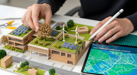 Fototapeta premium Eco-friendly urban planning concept with sustainable architecture model