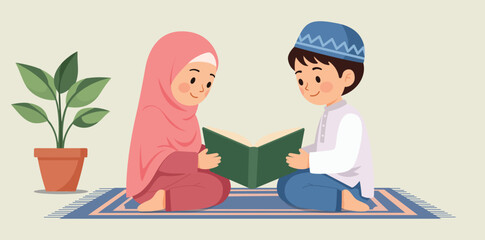 Flat Illustration Two Muslim Children Reading a Book Together Educationally