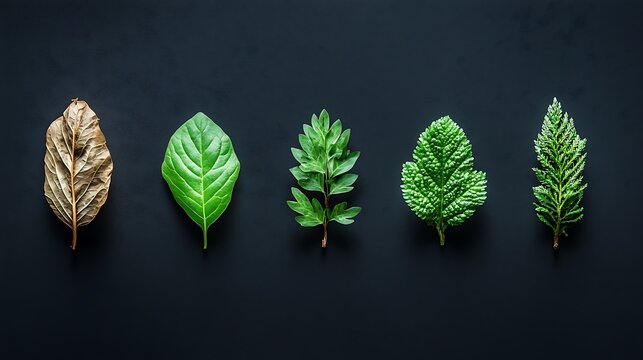 Five different leaves variety on black background high resolution image