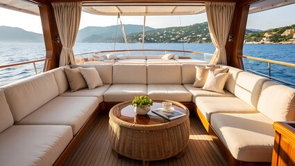 Luxury Yacht Deck with Comfortable Seating and Ocean View Perfect for Relaxation and Leisure Travel Escape Getaway Adventure