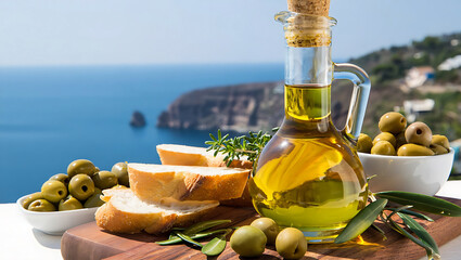 Mediterranean Olive Oil Bread and Olives Still Life with Coastal Backdrop Scene of Culinary Delights