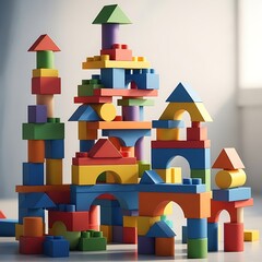 Fototapeta premium Colorful wooden building blocks stacked into towers and structures wooden blocks toy blocks d