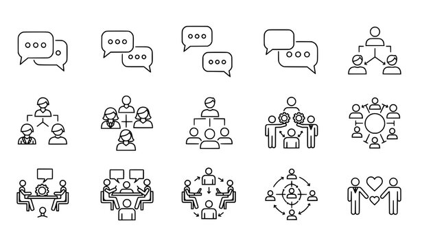 Human interaction line icon set with communication and social symbols