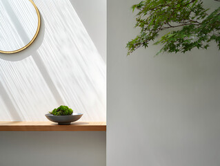 Minimalist interior design featuring natural light a round mirror green moss and fresh green leaves creating a calm and peaceful atmosphere