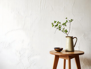 Minimalist Interior Still Life with Green Branch in Pitcher and Bowl on Wooden Stool Against Textured White Wall Calm and Serene