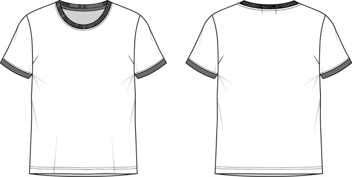Technical fashion flat sketch of a basic white crew neck ringer t-shirt with grey ribbed collar and cuffs