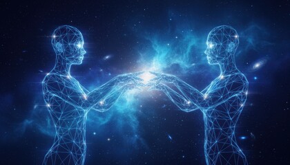 Connected Minds: A mesmerizing digital portrayal captures two figures, their hands almost touching, immersed in a futuristic, interconnected realm of innovation and creativity.