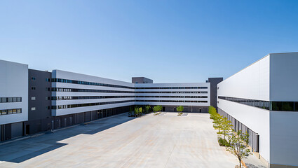 Modern Industrial Building Exterior with Clean Lines and Clear Blue Sky showcasing contemporary architecture and innovative design for business and logistics needs