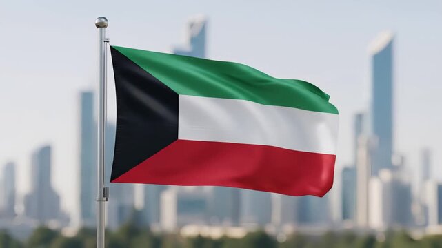 Kuwait flag waving in front of modern city skyline