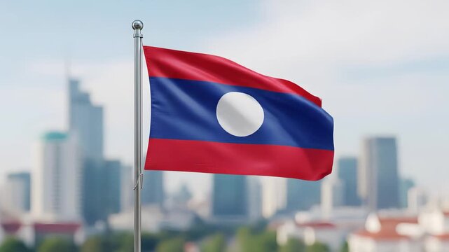 Laos flag waving in front of modern city skyline