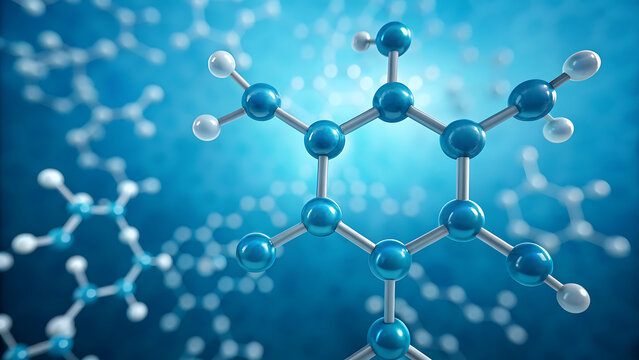 A molecular structure of benzene in a blue gradient background