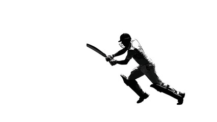 Fototapeta premium A dynamic black and white silhouette of a man swinging a cricket bat, captured in mid-action, viewed from the side.