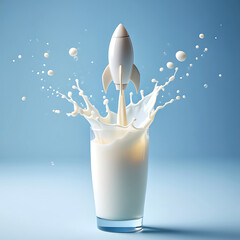 Rocket launch into a glass of milk representing innovation and rapid growth with a clean aesthetic and vibrant background