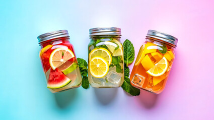Refreshing Fruit Infused Water in Mason Jars on Vibrant Background for Healthy Hydration and Wellness