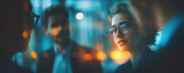 Visionary businesswoman in office meeting at sunset, showing focus, leadership, professional corporate ambition