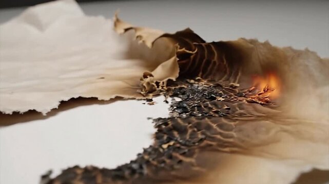 Tattered and burnt piece of paper on a surface
