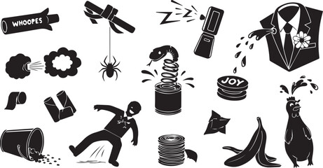 Variety of isolated black and white prank items on transparent background vector art