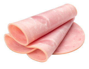 Rolled slices of pink ham on transparent background
