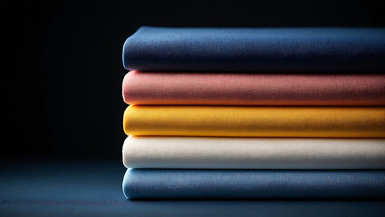 Stack of Colorful Fabric Rolls Textile Display in Navy Blue Coral Yellow and White Elegance and Sophistication for Interior Design