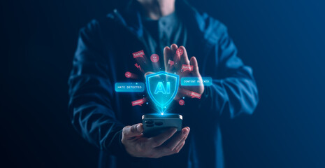 Artificial intelligence moderation system blocking hate speech and toxic content on a smartphone...