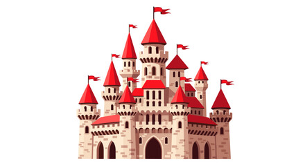 Fototapeta premium Majestic Cartoon Castle with Red Flags and Stone Towers Stands Proudly, a Classic Fairytale Illustration for Children's Books, Fantasy Games, and Medieval Storytelling, a Colorful.