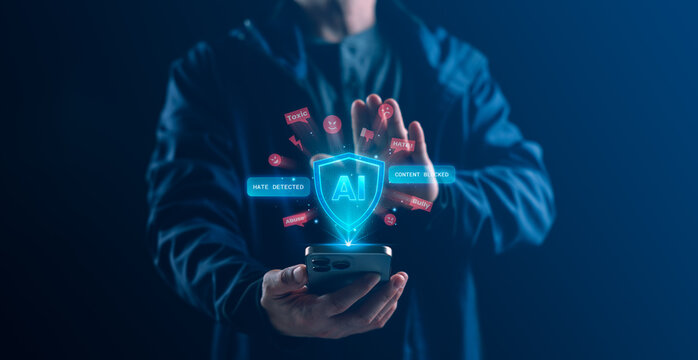 Artificial intelligence moderation system blocking hate speech and toxic content on a smartphone interface, representing online safety, automated content control, and digital platform protection.