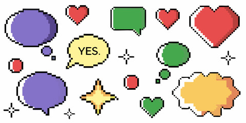 Colorful pixel art icons depicting hearts speech bubbles and geometric shapes