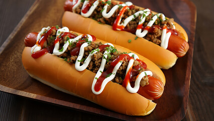 Two Delicious Hot Dogs with Chili Toppings and Condiments Ready to Eat and Enjoy for Lunch or Dinner
