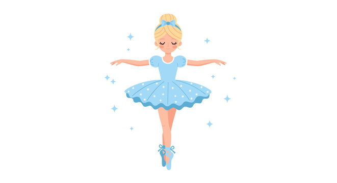 Adorable ballerina girl dancing with grace in a light blue tutu and ballet shoes, surrounded by sparkling stars, making this a perfect illustration for dance, education, or a charm.