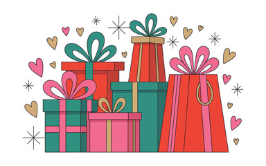 Colorful gifts and shopping bag surrounded by hearts and stars