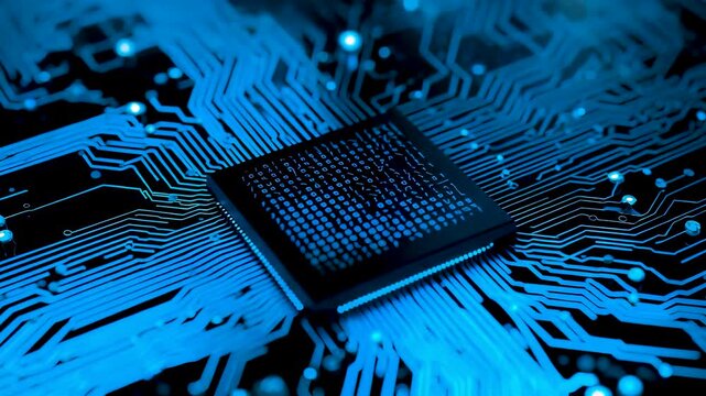 Advanced computer processor mounted on blue circuit board with detailed pathways, high performance electronics, and precision digital engineering