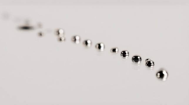 globules. Mercury droplet scattered into silvery beads on a smooth, reflective surface. STEM education sheets, lab safety posters, designed for biotech research communications, used by architects.
