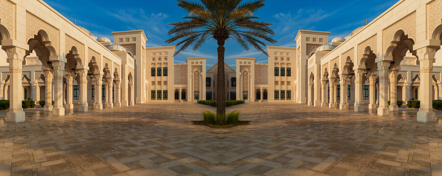 Elements of architecture of buildings, ancient arches, columns, windows and apertures. On the streets in Emirates, public places.