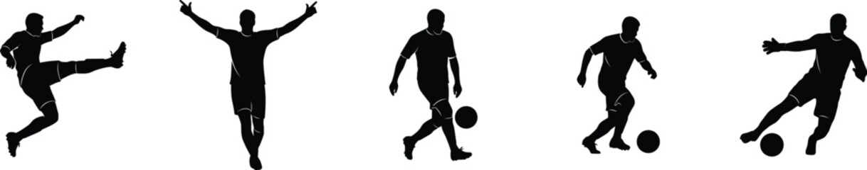Dynamic Soccer Player Silhouettes Vector Collection Depicting Various Football Actions Kicking Dribbling and Celebrating Goals