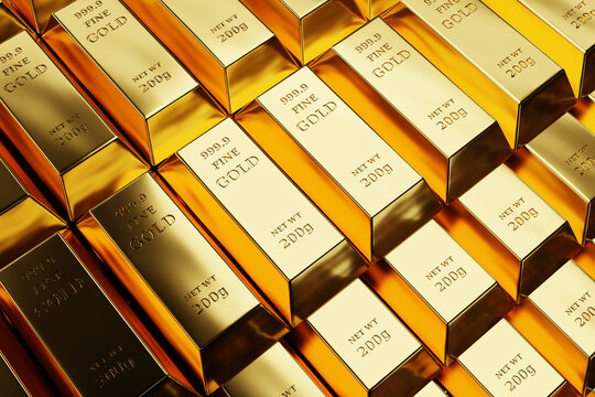 Gold bullion, Precious metals storage. Refined gold bars stacked in secure order, investment assets, banking reserves, wealth preservation and commodity trading.