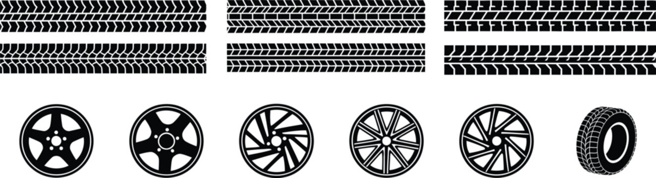 Tire and wheel icons set featuring various tire tread patterns and car wheel designs in a black silhouette style.