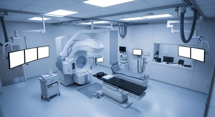 Advanced Radiation Therapy Room with Linear Accelerator and Medical Equipment.