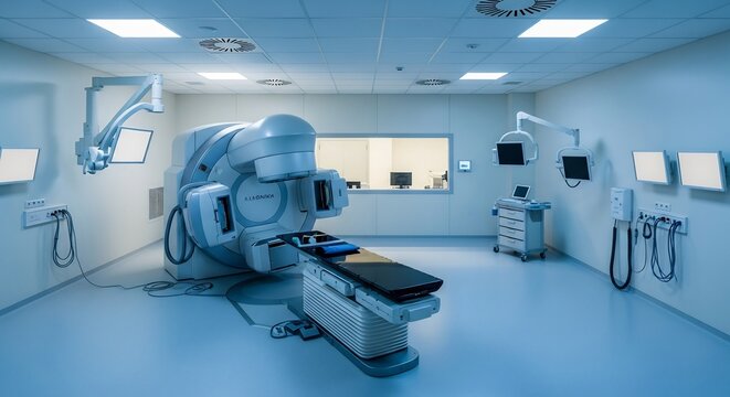Advanced Radiation Therapy Machine in Modern Oncology Treatment Room.