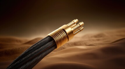 Naklejka premium An audio cable with gold and black wires and three main tips sits on sand dunes in a desert with a dark background